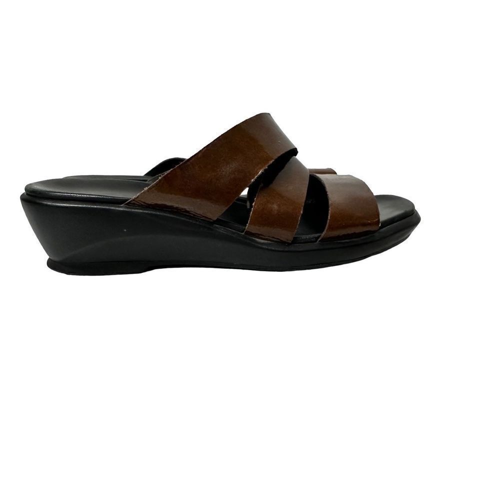 Clark’s Brown Patent Leather Criss Cross Slide Wedges